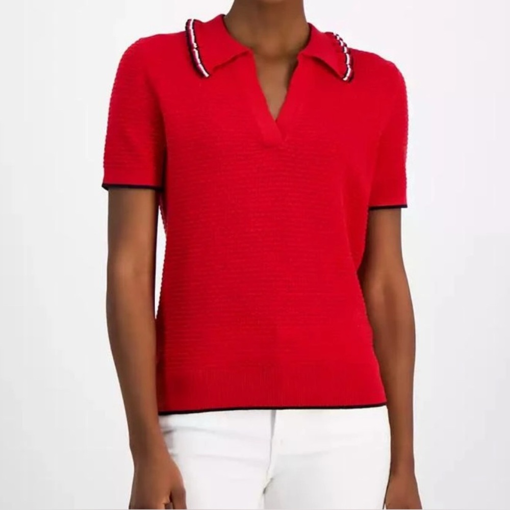 NWT Tommy Hilfiger Scarlett Red Global-Tipped Cotton Knit Polo Sweater - M